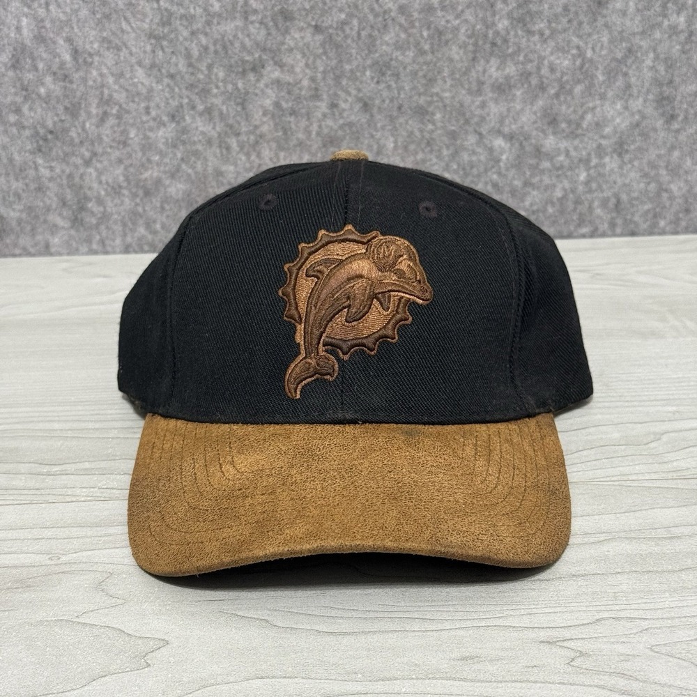 Vintage Miami Dolphins Black Suede Bill Strapback Hat Tonal Logo 90s‎ OSFA